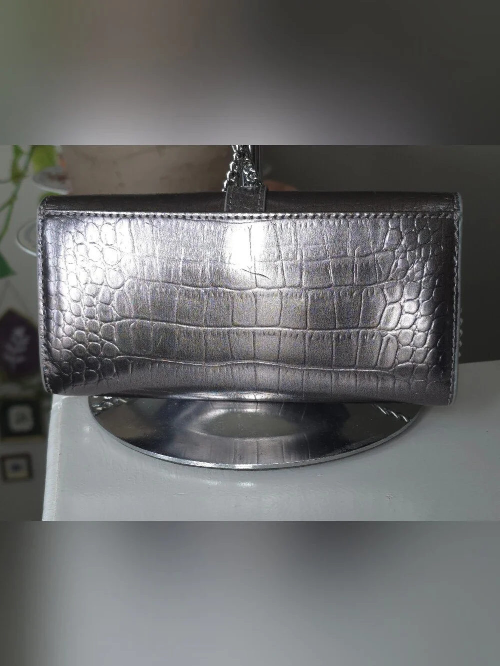 Cole Haan Metallic Silver Croc-Embossed Chain Crossbody Wallet